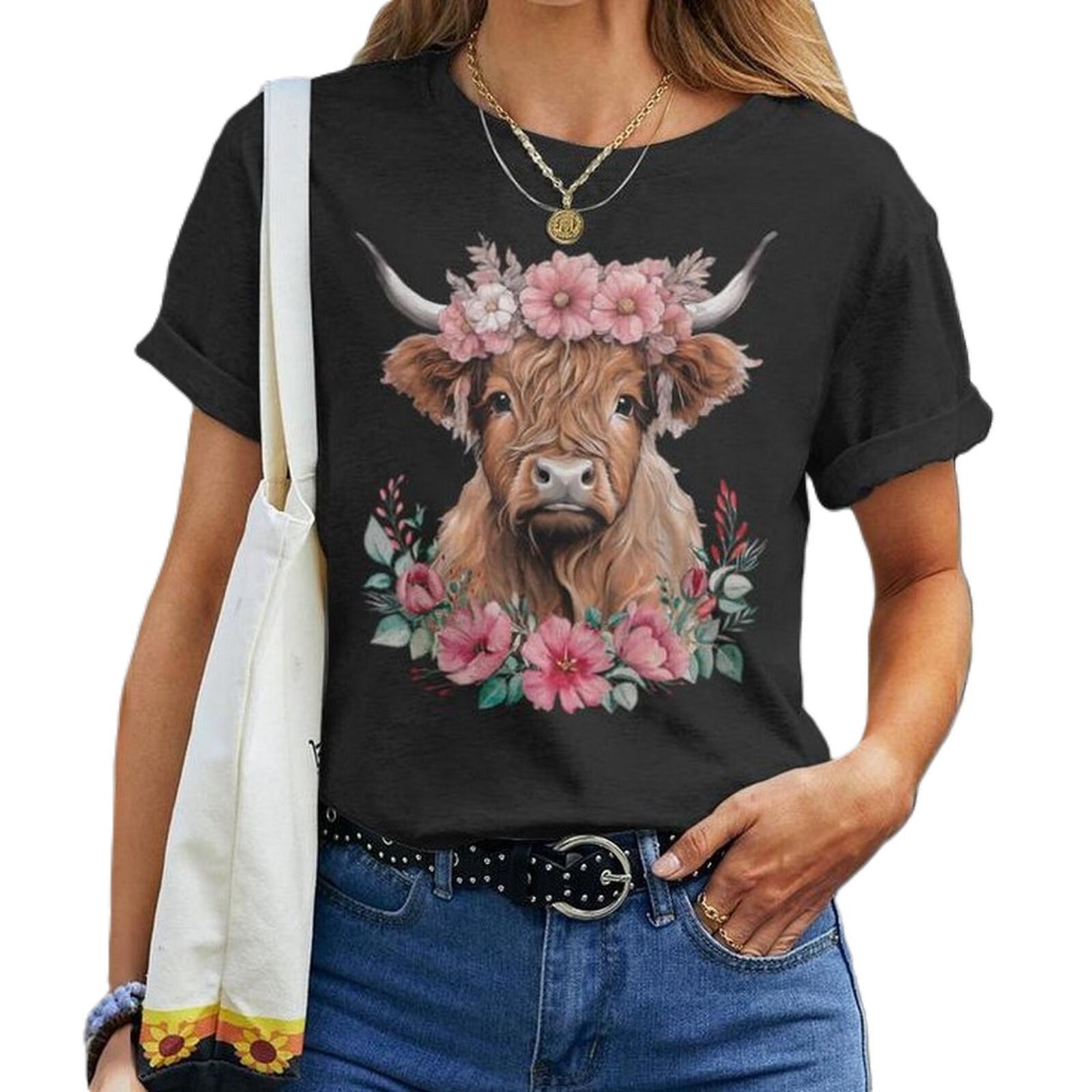 Highland Cow With Flowers T-Shirt, Floral Cow Shirt, Floral Heifer Country Shirt M