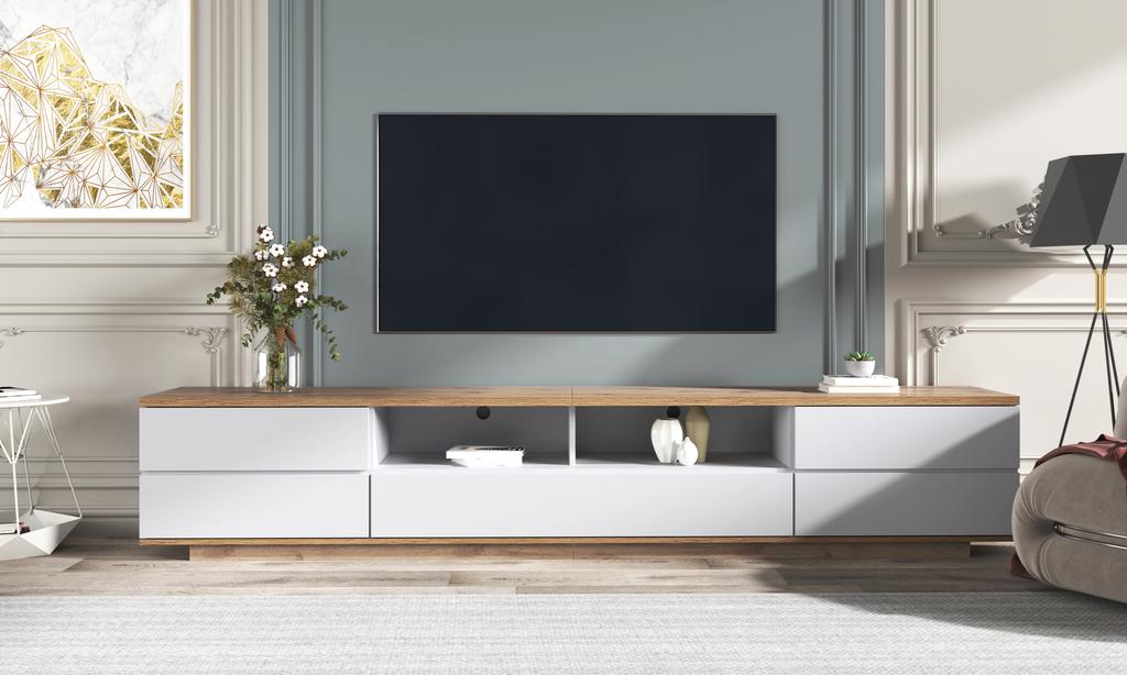 Modern Color Block TV Cabinet in White, TV Cabinet with Wood Grain, 180 cm