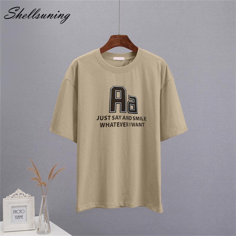 Bavlněná trička Shellsuning Oversized Dámské Léto S krátkým rukávem Trička s 3D potiskem dopisů Dámské Běžné Volné High Street Basic Tops