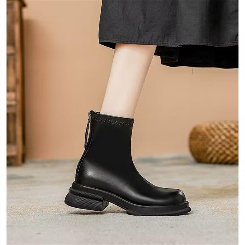 Soft leather heightened thick-soled Martin boots, thin two cotton short boots, thick heel elastic thin boots in autumn and winter