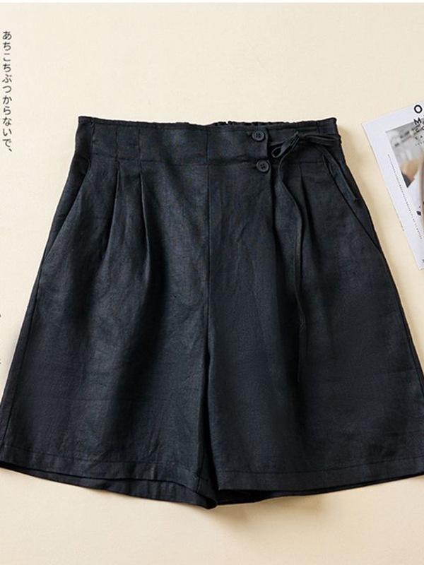 Plus Size Retro Solid Color Cotton Wide Leg Capris - Casual Linen Shorts for Women