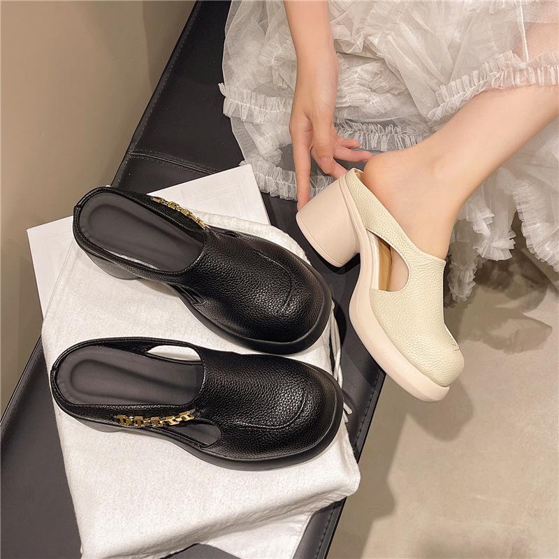Stepping on shit feeling thick-soled soft leather bag head half slippers women's summer wear round head one pedal muller shoes high-heeled cool slipp