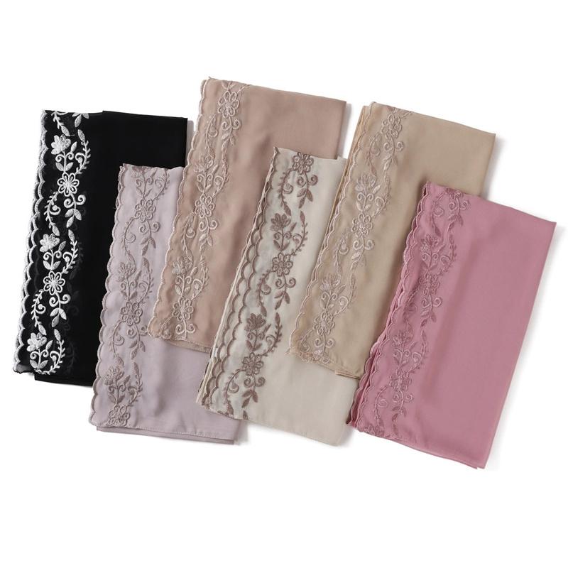 Fashion Embroider Lace Floral Bubble Chiffon Hijab Ramadan Solid Shawl Women Sunscreen Headscarf Outdoor Windproof Head Wrap
