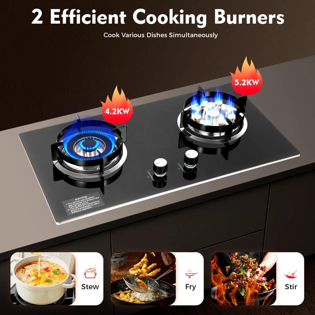 BYMAOCAR 2 Burners Gas Cooktop, With Flameout Protection, 29" Tempered Glass Embedded Gas Hob for Apartment, Outdoor, and RV