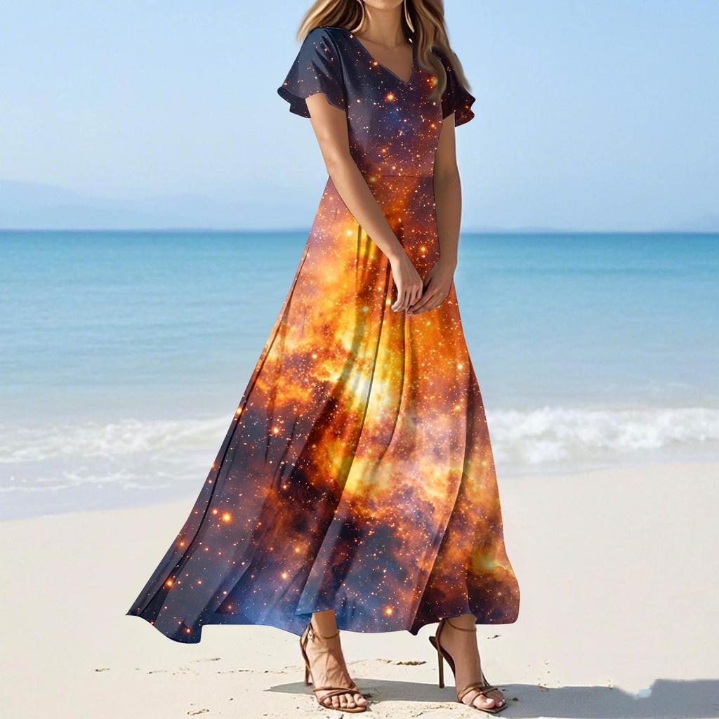 Women's Summer Casual Fashion -Print V-Neck Short-Sleeve Patchwork Dress