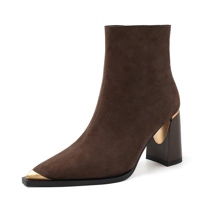 8.5CM Super High Heel Elegant Temperament Small Short Boots Niche Fashion Simple Pointed Thick Heel Side Zipper High Heel Women's Boots