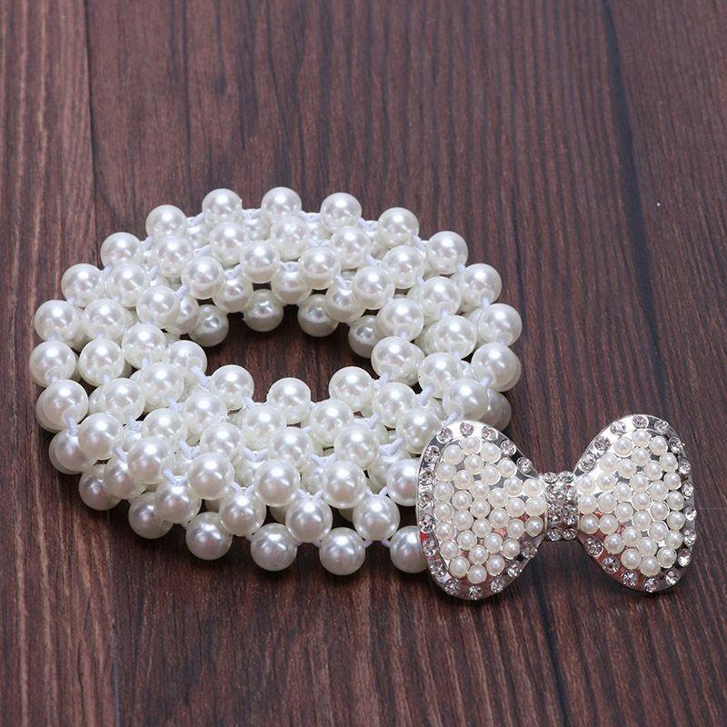 

Элегантный пояс на талию с жемчугом и стразами в виде цветка для женщин, универсального белого цвета, идеально подходящий для платьев ThreeRow Large Bow67cm Stretch