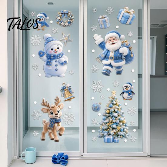 Double Sided Window Decorations 4Pcs Christmas Static Clings, Blue Santa Snowman Reindeer Penguin Party Ornaments Stickers, Reusable Xmas Holiday