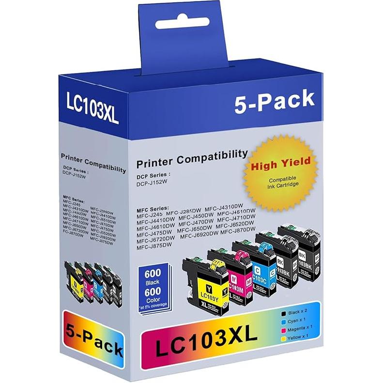 LC103 LC103XL High Yield Ink Cartridges Replacement for Brother LC103XL LC101 Work with MFC-J870DW MFC-J6920DW MFC-J6520DW MFC-J450DW MFC-J470DW (2