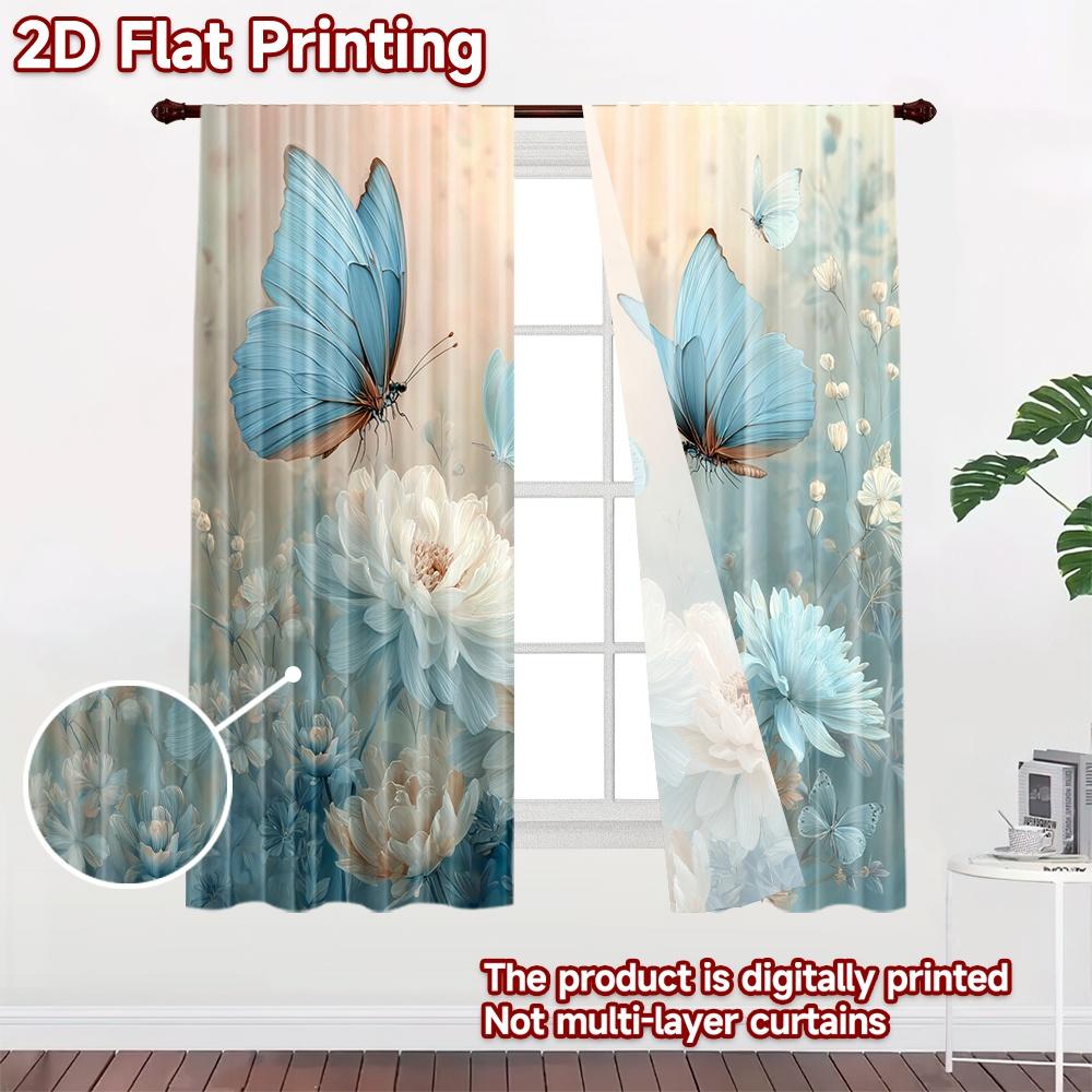 2D Flat Printing 2pcs Curtains Blue Butterfly Flowers Digital Printed Polyester Drapes Family Party Use for Living Room Decor