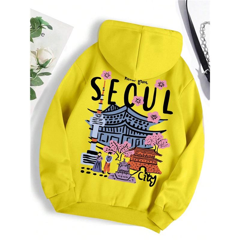 

Красивые пейзажи Сеула с принтом женские теплые флисовые удобные толстовки с капюшоном простые мягкие толстовки с капюшоном уличные повседневные свободные пуловеры XXL жёлтый