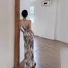 New Chinese ink painting suspender dress women's summer French slim-fitting off-the-shoulder temperament skirt hip-wrapped fishtail dress