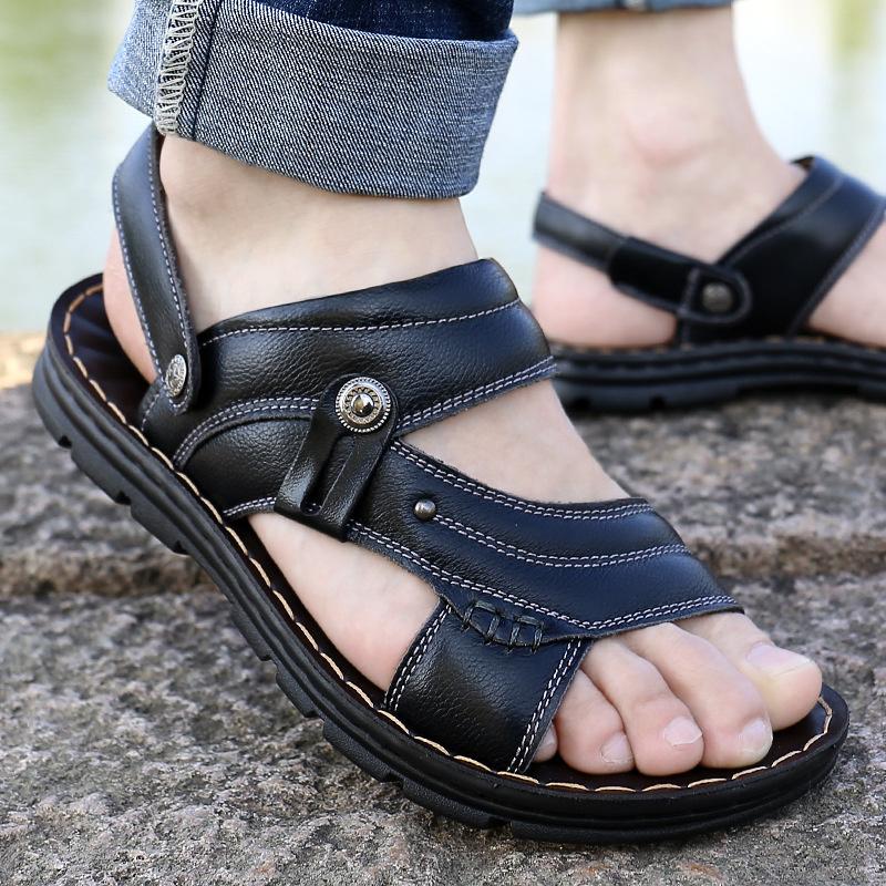 Herrsandaler i äkta läder sommar Tofflor Herr Tofflor Vuxen Strandskor med tjocka sulor Halkfri lädersandal Zapatos Hombre