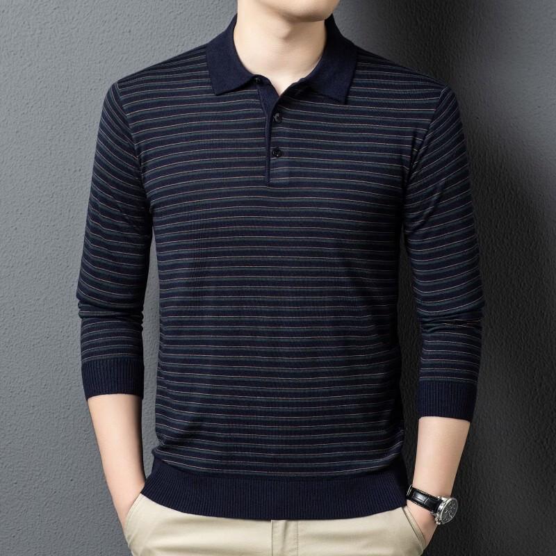 

Fengmao Wool Blend Men s Striped Polo Collar Knit Sweater L