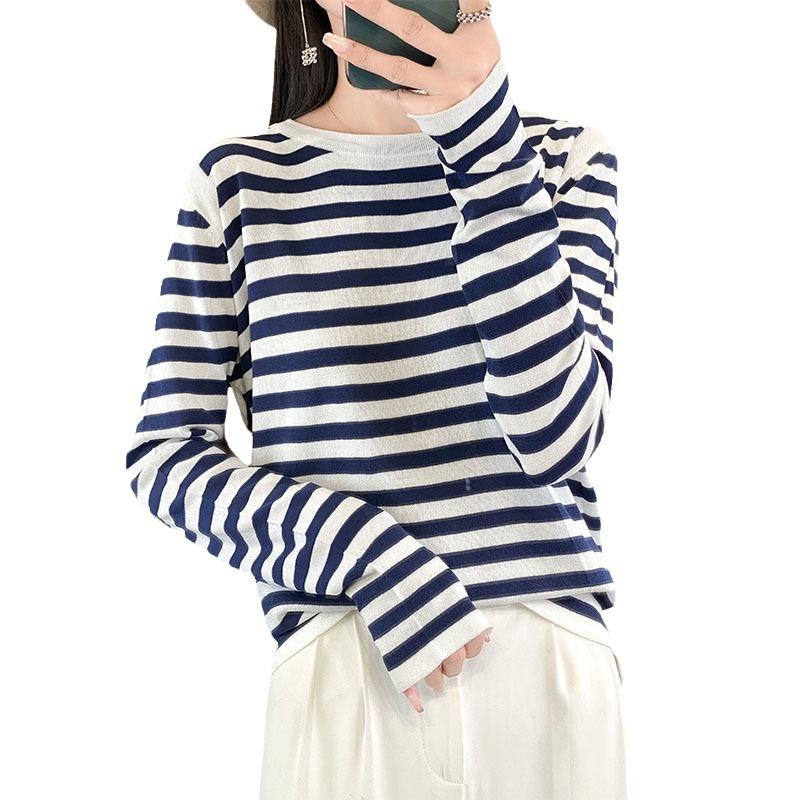 Crew Neck Knitted Sweater Women's Summer New Fashion Versatile Striped Bottoming Shirt Loose and Thin Long-sleeved Top