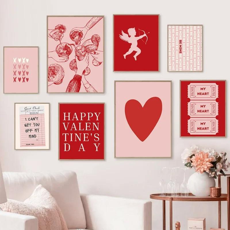 Valentinstag Warteschlange Galerie Druckbare Poster Vintage Romantische Wand Kunst Nette Rosa Herz Leinwand Malerei Hause Schlafzimmer Dekoration