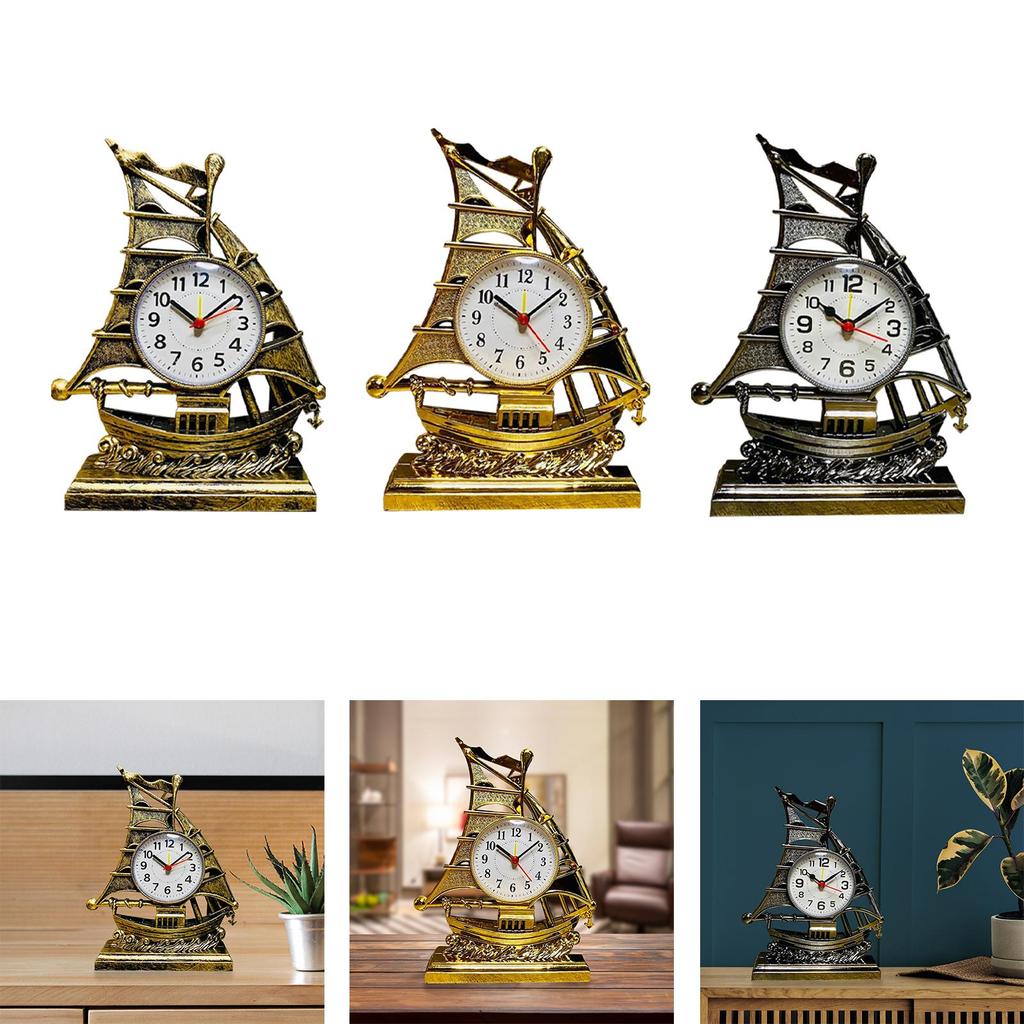 Desk Clock Sailing Figurine Table Clocks for Bedrooms Office Living Room