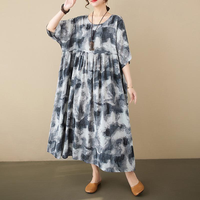 Summer New Loose Big Yards Retro Ethnic Style Cotton and Linen Ink Printing Short-sleeved Dress Women's Round Neck Long Skirt