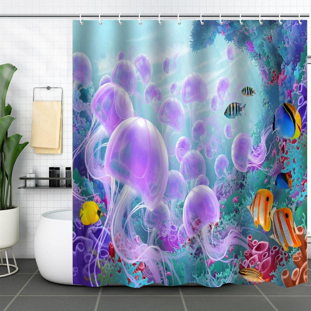 Coastal Marine Shower Curtain: Dolphin, Starfish, Seahorse, Seashell, Sea Turtle - Moisture-Proof, Mildew-Resistant, Waterproof, Beach Bathroom Décor