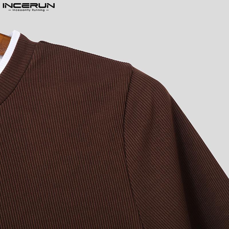 INCERUN Summer Men O Neck Short Sleeve Stitching Rib Skinny Tops T-shirts