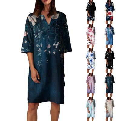 Women's Summer Retro Floral Print V-Neck Half Sleeve Dress Lightweight Breathable Dress