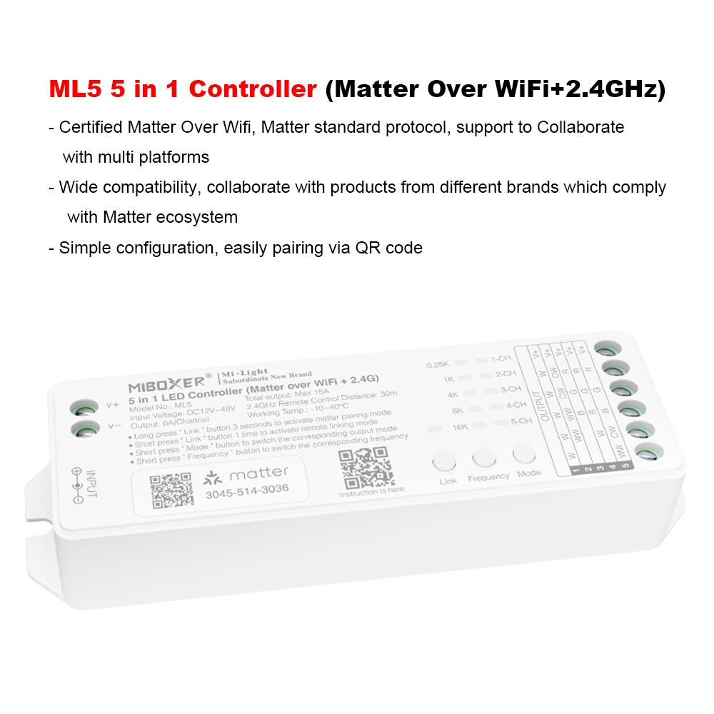 

Miboxer ML5 DC12-48V 5in1 Controller Matter Over WiFi+2.4GHz Tuya APP WIFI Control Single/Double Color RGB RGBW RGBCCT Strip