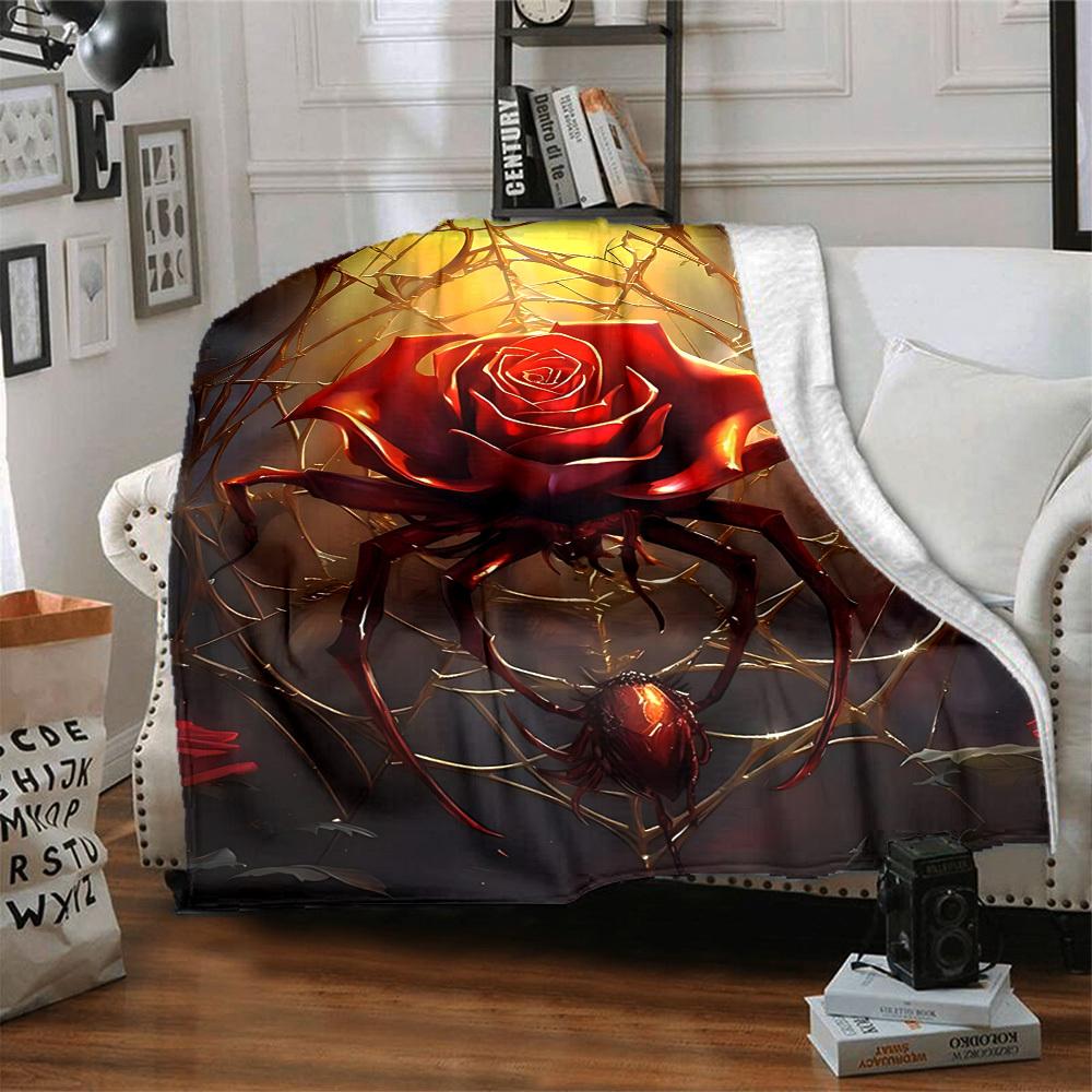 1pc Rose Spider Print Blanket - Lightweight Flannel Throw Blanket For Sofa, Bed, Living Room, Office, Outdoor Travel, Camping, Soft All-Season Throw