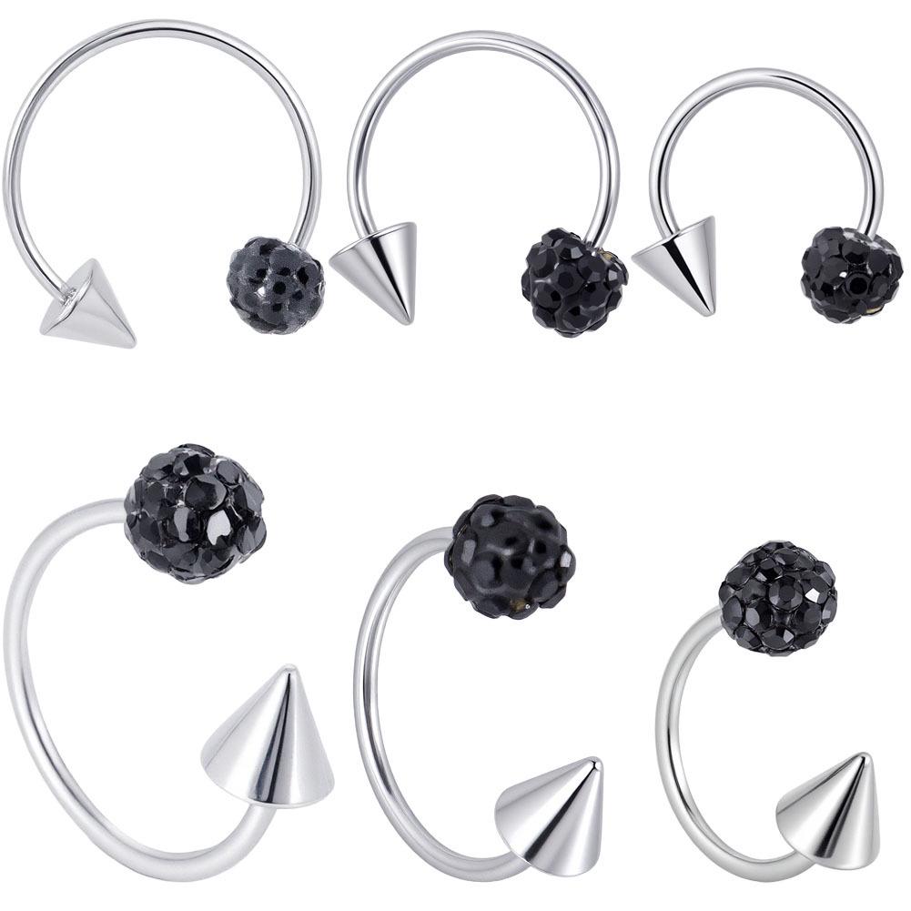 Shamballa Kristal Toplu ve Konik Uçlu C Şekilli Titanyum Barbell - Parlak At Nalı Dudak ve Burun Halkası Piercing