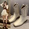 New Winter Women's Shoes Vintage Retro Embroidery Brown Beige Thick Heels Leather Boots Knight Boot Western Cowboy Boots