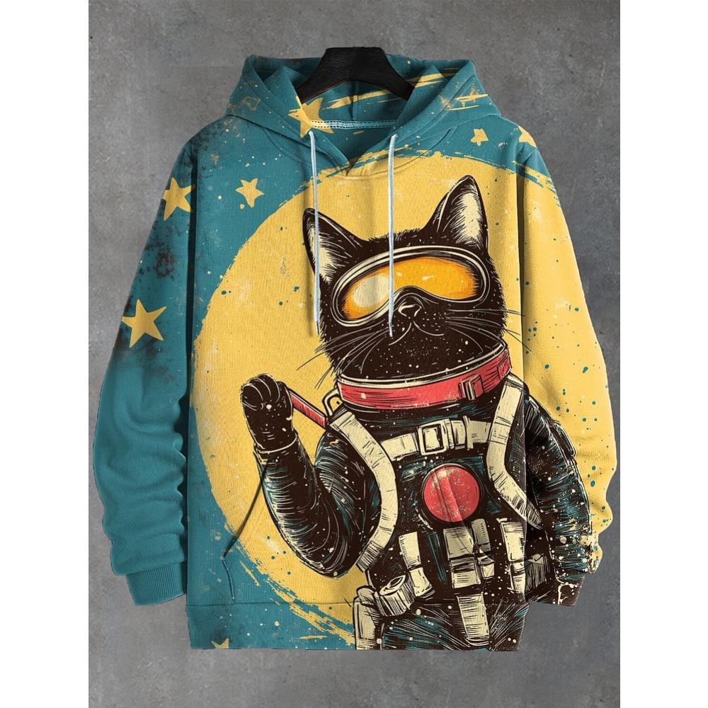 Cartoon Space Cat Pattern Hoodie Men's New Autumn/Winter Loose Pullover Sports Sweatshirt