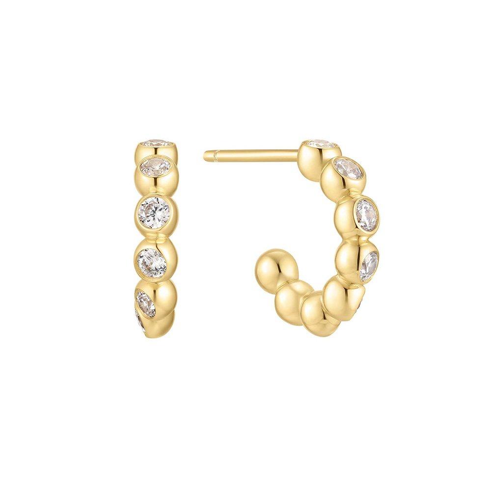 Gold Bezel Bead Huggie Hoop Earrings 925 Silver E066-05G