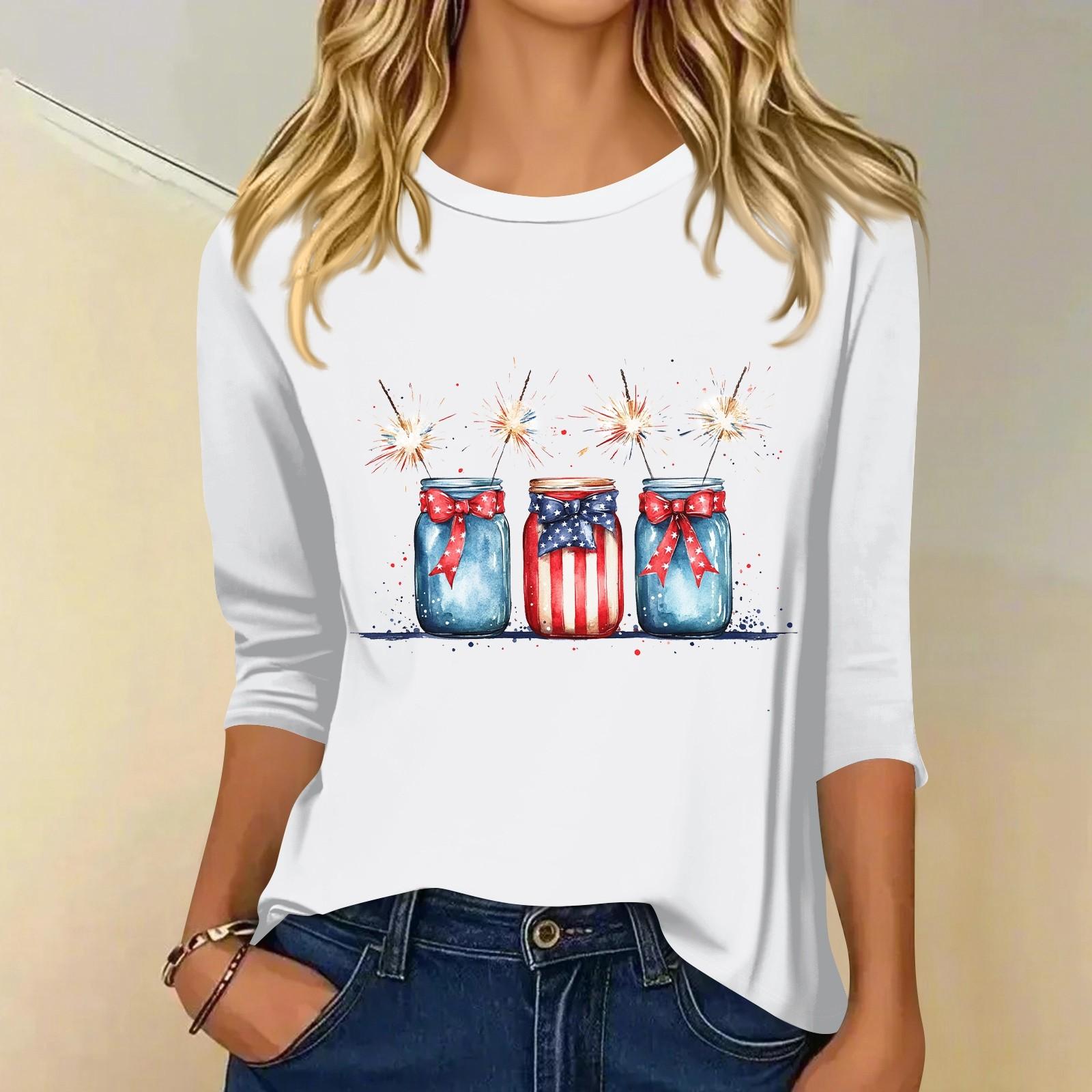

Women s Fashion Casual 3/4 Sleeve T-Shirt Printed Round Neck Pullover Top M білий