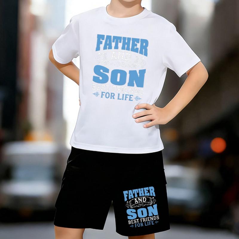 

Boys 2 Piece Parent-child themed printed outfit, Short Sleeve T-Shirt and Shorts Set for Kids Age 5-14,White, Black Sporty Casual Summer Clothes 13-14 Years