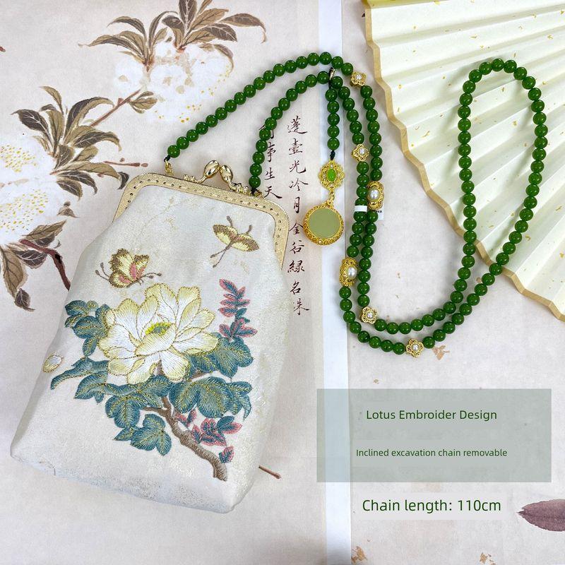 

New Chinese Style National Style Cell Phone Bag Women 2025 New Crossbody Bead Necklace Small Bag Chinese Ancient Style Cheongsam Accessories Jade Lotus Embroider Messenger Bag (dark green)