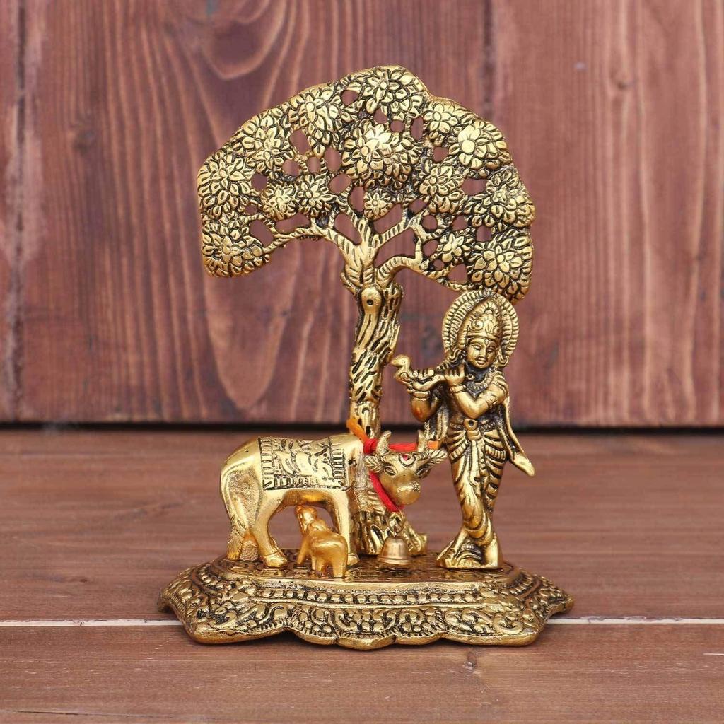 Gift Items Metal Krishna Ji with Cow and Calf Standing Under Tree Playing Flute (Gold, 12x8x17 Cm,) Figurine, 1 Piece (1)