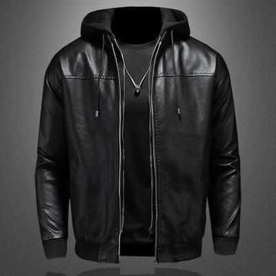 Giacca da uomo in pelle e nuova giacca casual con cappuccio. Bella giacca da motociclista con cappotto da uomo ispessito in cotone