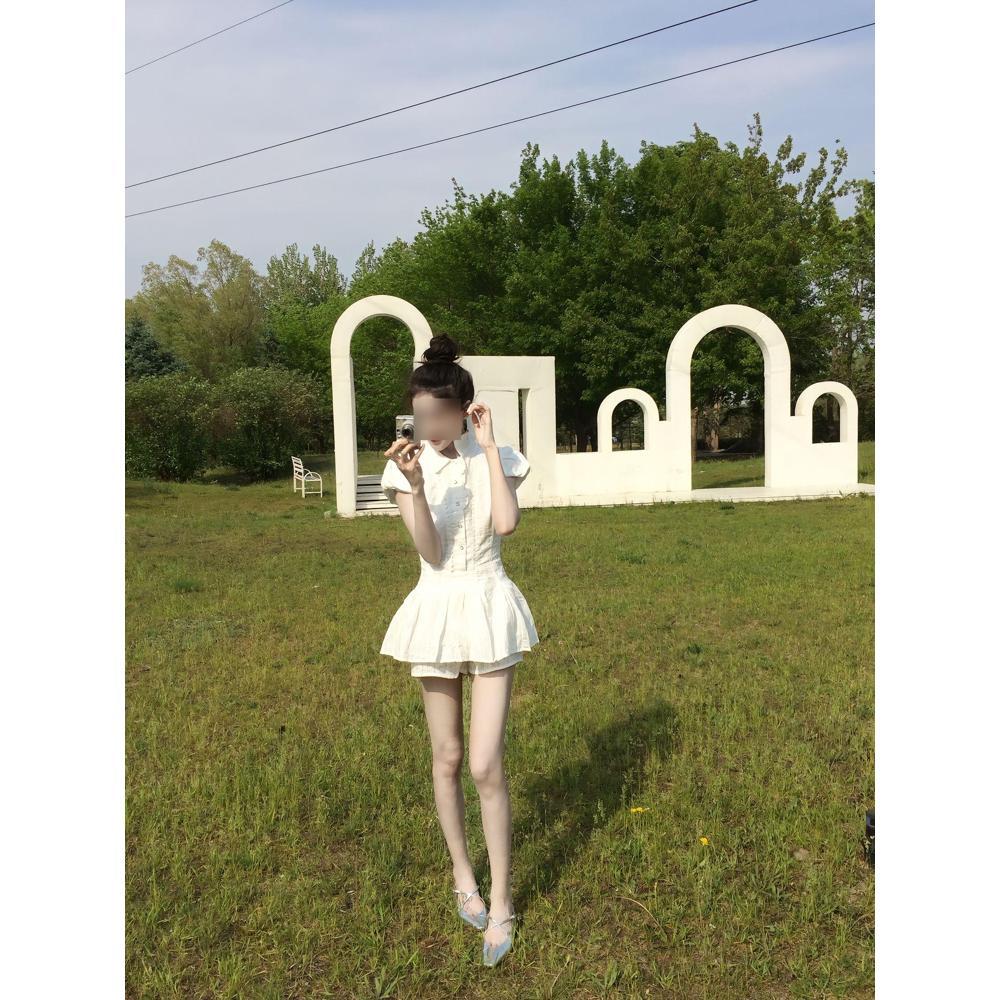 

Women s summer college style polo collar black short-sleeved shirt dress pinched waist thin pleated A-word short skirt XL- (recommended 110-60kg) белый