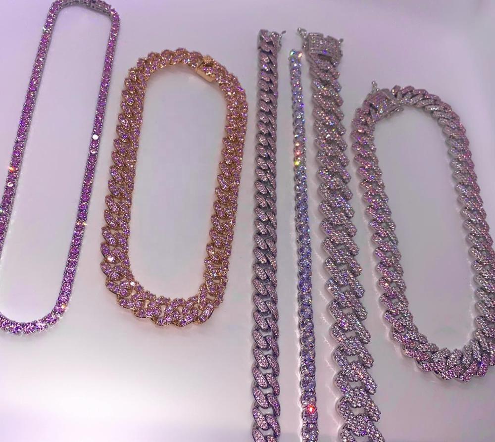 Ice Out Silver Plated Bling Cubic Zirconia 12mm Pink CZ Cuban Link Chain Choker Necklace for Women Wedding Party Gift