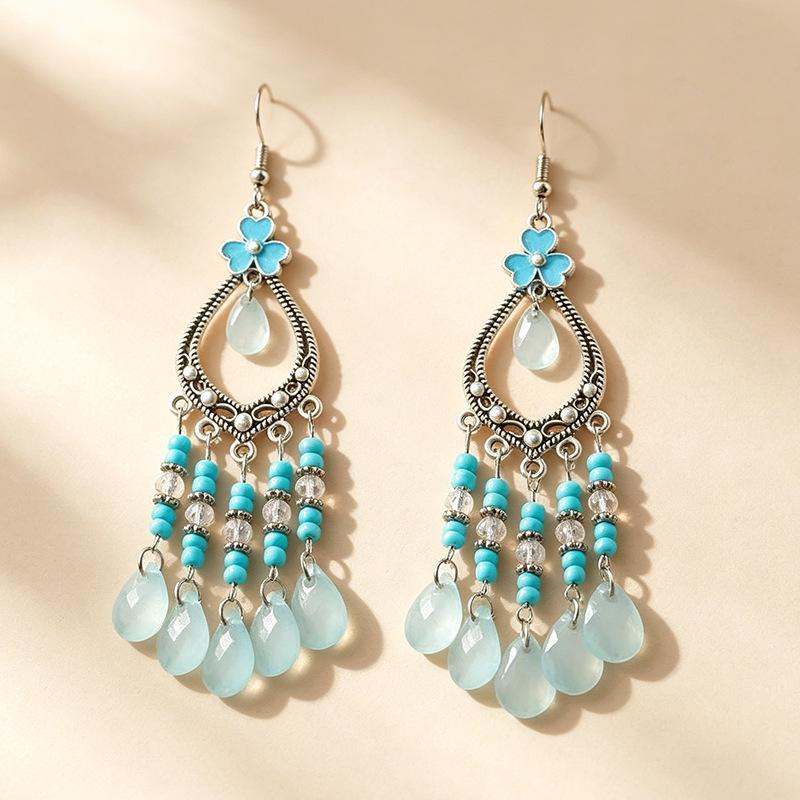 Bohemian Crystal Tassel Earrings - Ethnic Style, Slim Face, Exaggerated Design for Travel