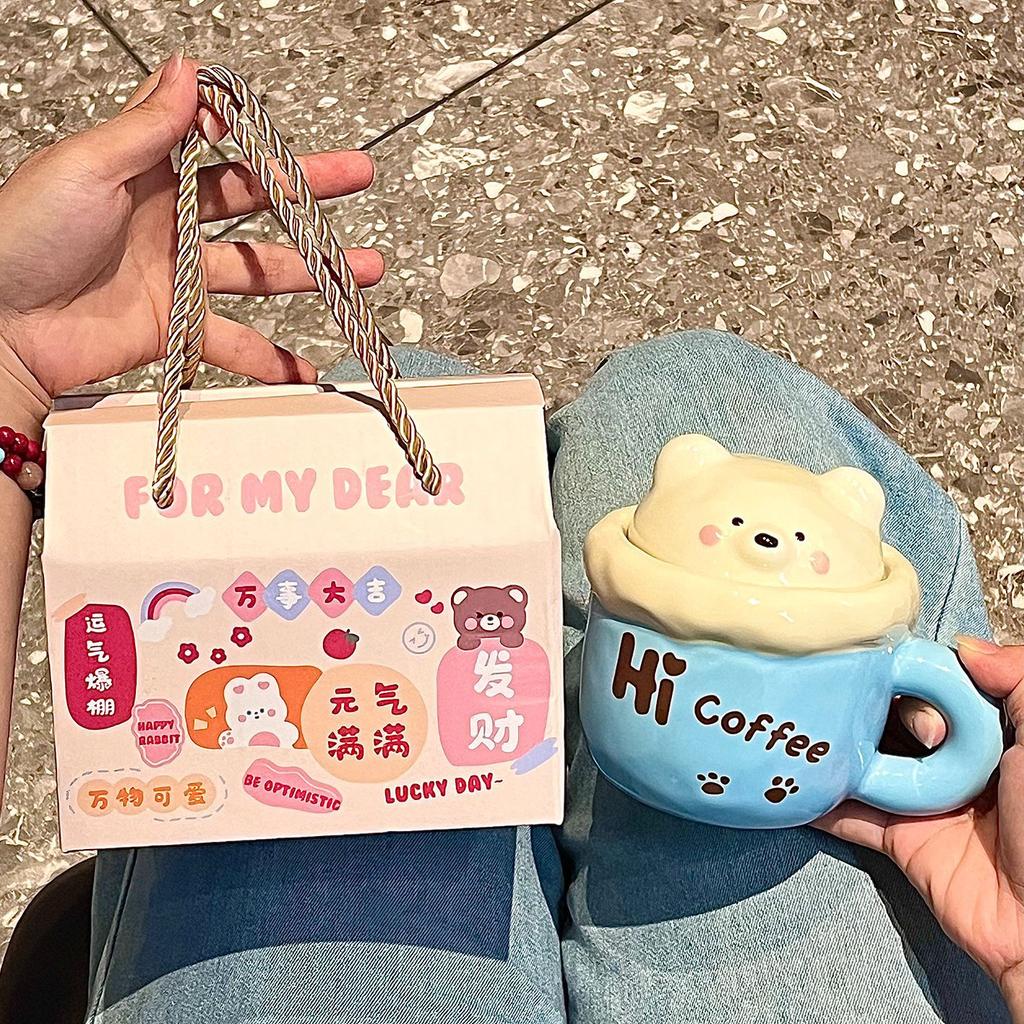 High-value Bear Mug with Lid Spoon, Cute Ceramic Water Cup for Girls' Birthday Gift, Cup Companion Gift