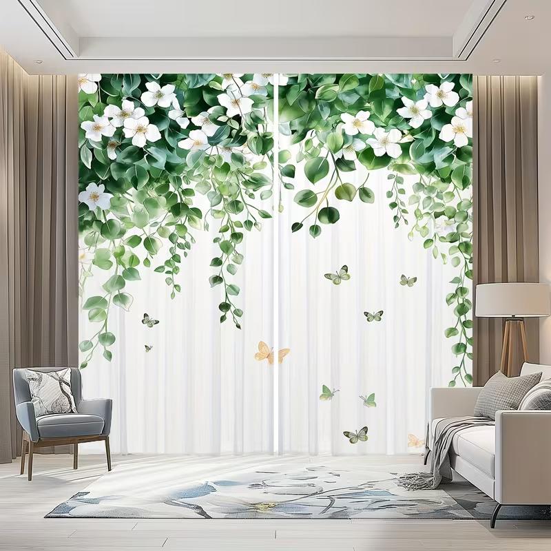 2PCS Watercolor Green Vine & White Floral Sheer Curtains - Lush Botanical Window Drapes with Butterflies