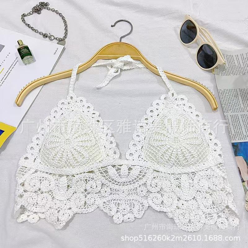 New fashionable and sexy tube top with small suspenders for women's summer seaside beach lace-up hollow knitted neck top