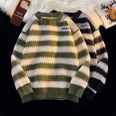 Japanischer Retro-Pullover für Herren im Herbst und Winter, Lazy-Style, Rundhalsausschnitt, gestreifte Innenschicht, Bottoming-Pullover, lockere Jacke