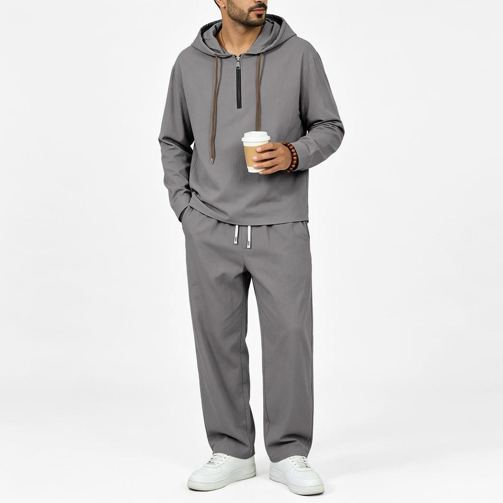 Men's Linen Hoodie Set with Half Zip, Long Sleeve Pullover and Drawstring Jogger Pants, Casual 2-Piece Outfit