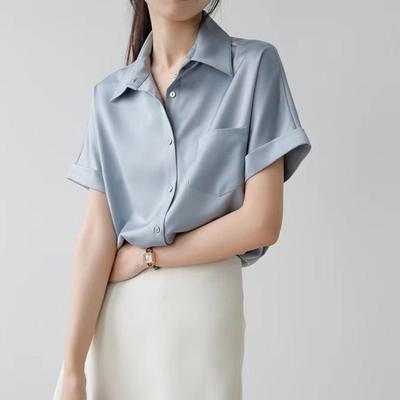 Chemise d'été Simple en Satin gris bleu à manches courtes pour femmes, chemisier professionnel à col blanc pour entretien de banlieue