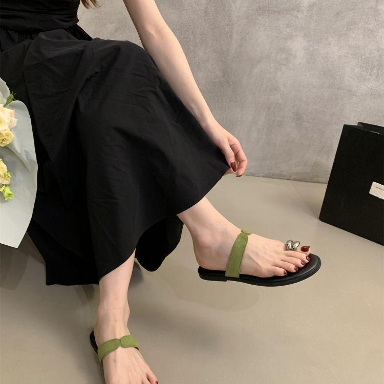 Niche Metal Set Toe Slippers Women's Outer Wear Summer New Korean Simple Casual Flat Sandals Seaside Beach Shoes