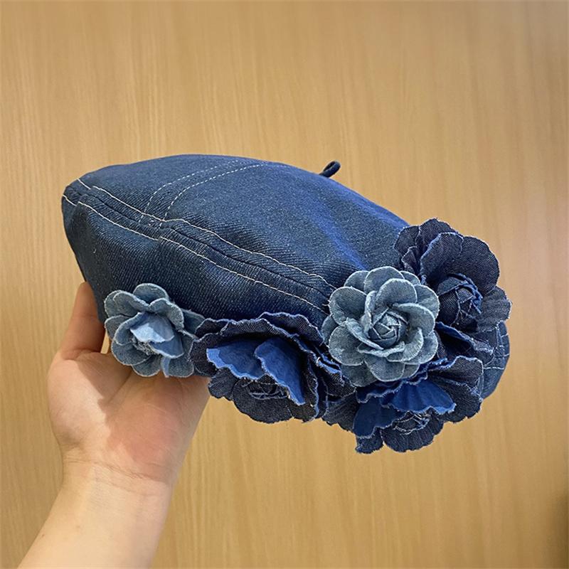 Ladies Denim Beret Hats Flower Cowboy Vintage Hat Women Retro Casual Painter Hat Female Trendy Spring Autumn Hat