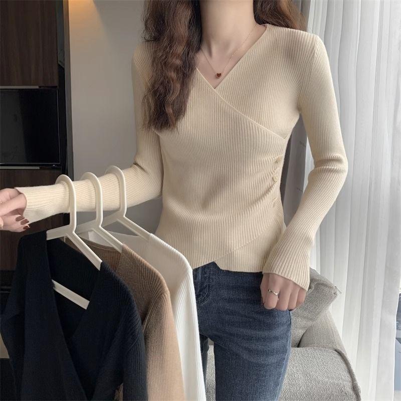 Women's Low-Cut Base Top Spring Autumn High-End Knitwear Sweater Tight-Fitting Blouse
