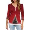 Maglietta Top da Donna Moda Casual Stampa Albero di Natale Scollo a V Bottone Decorativo Manica a Tre Quarti