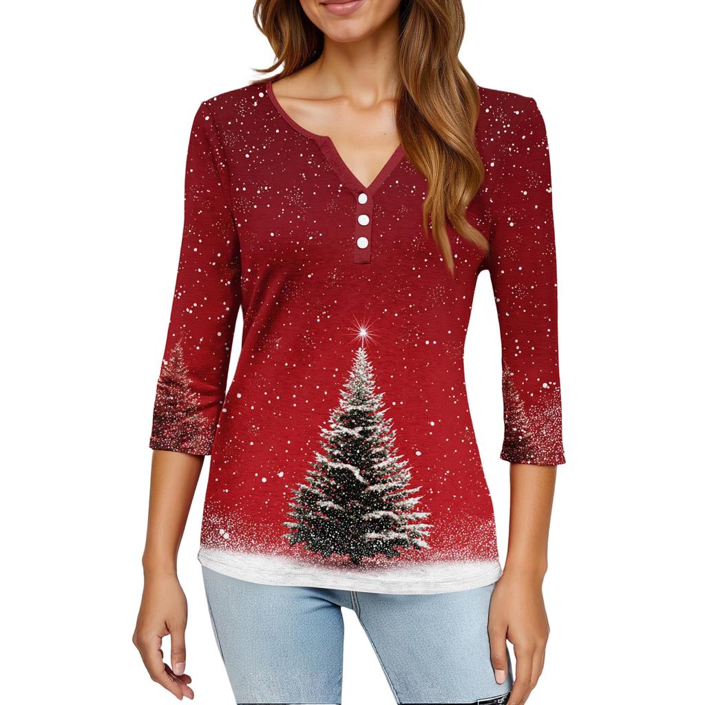 Maglietta Top da Donna Moda Casual Stampa Albero di Natale Scollo a V Bottone Decorativo Manica a Tre Quarti